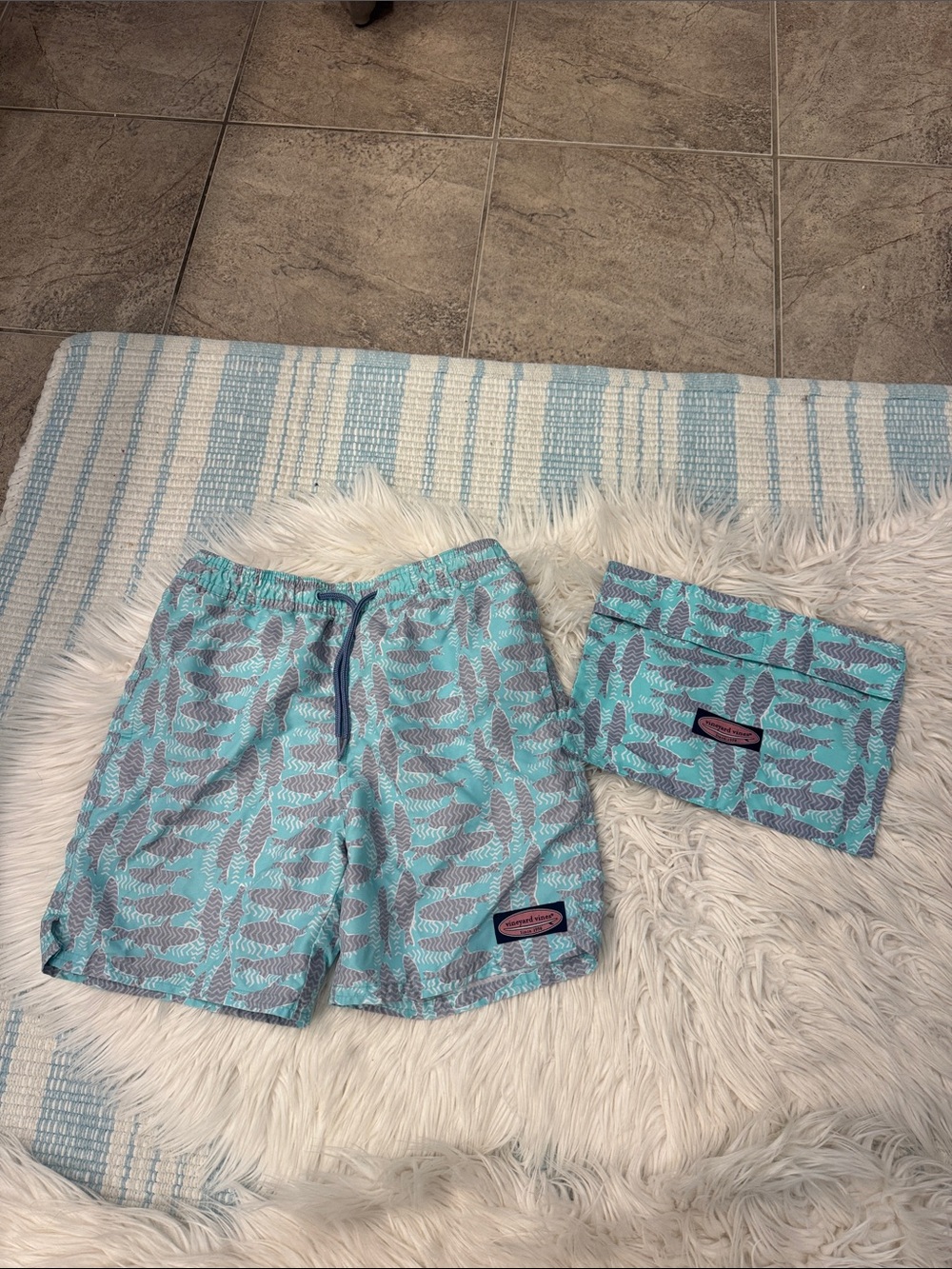 Boys Vineyard Vines Aqua and Gray Fish Swim Trunks with Pouch
